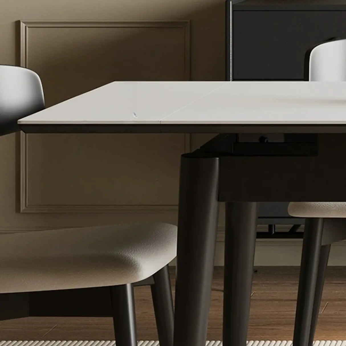 Minimalist Rectangular Extendable White Stone Top Dining Table Image - 7