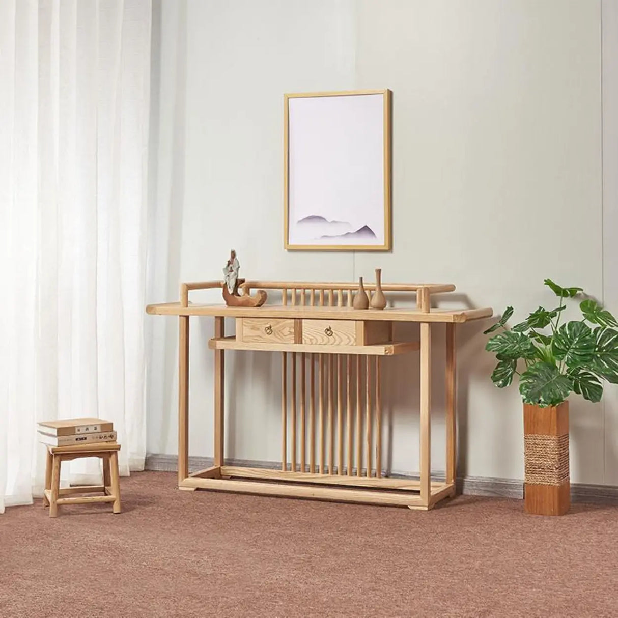 Minimalist Rectangular Light Wood Natural Console Table Image - 4
