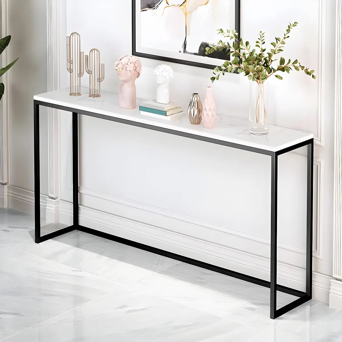 Minimalist Rectangular Marble Top White Console Table Image - 1
