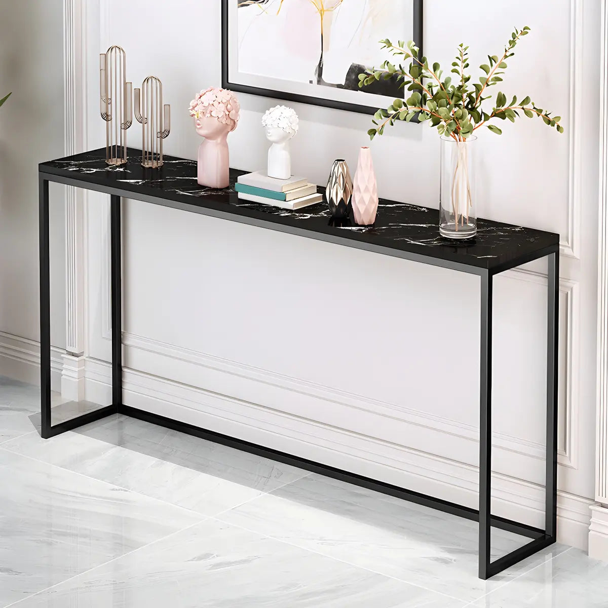 Minimalist Rectangular Marble Top White Console Table Image - 2