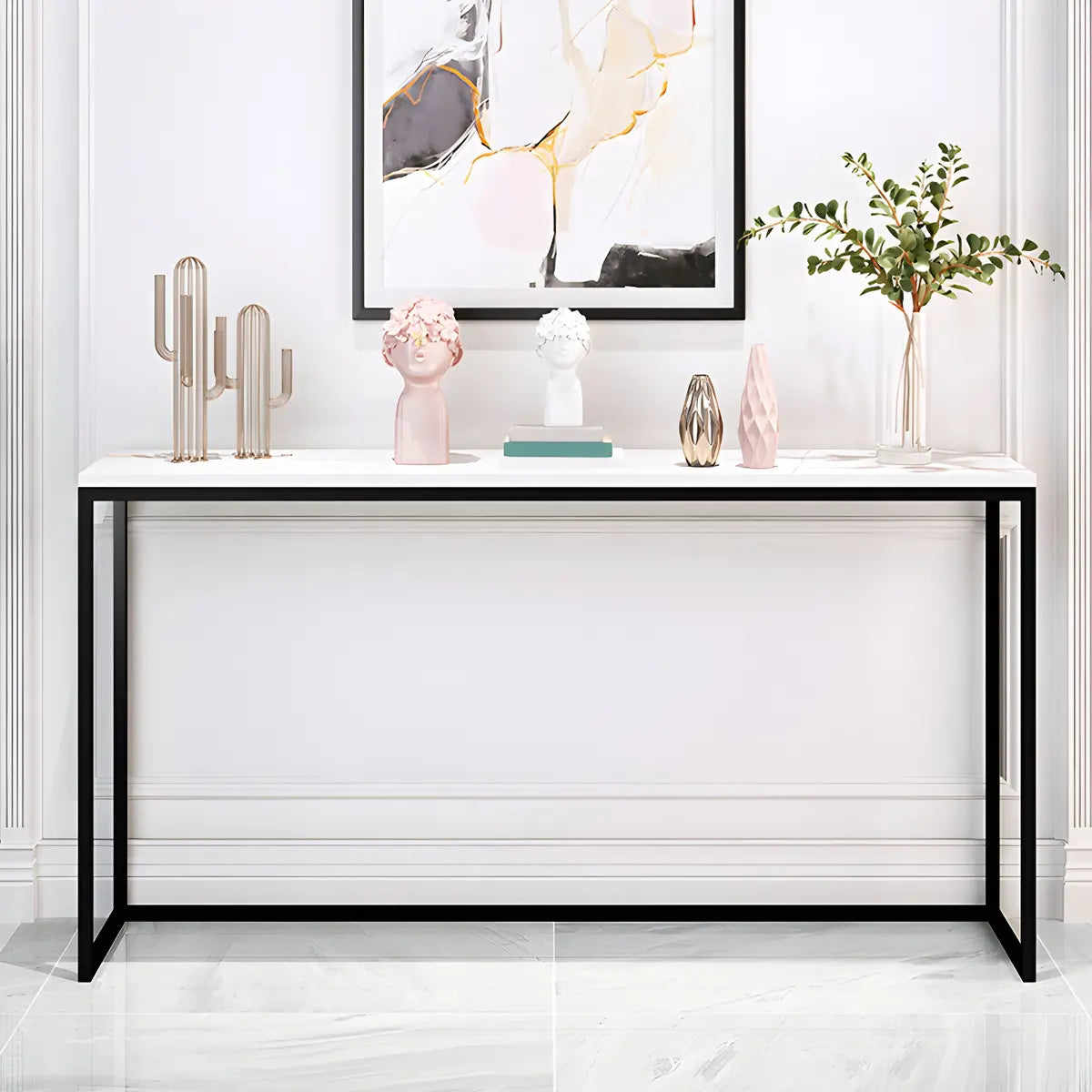 Minimalist Rectangular Marble Top White Console Table Image - 3