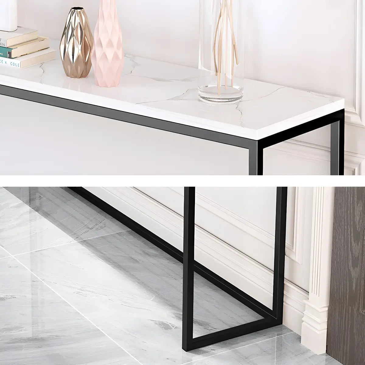 Minimalist Rectangular Marble Top White Console Table Image - 5