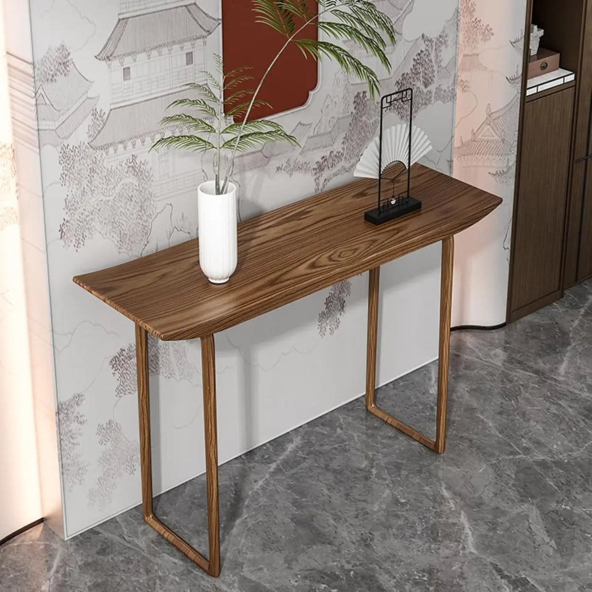 Minimalist Rectangular Oak Wood Sled Base Console Table Image - 4