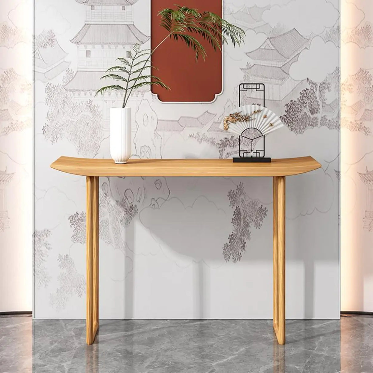 Minimalist Rectangular Oak Wood Sled Base Console Table Image - 5