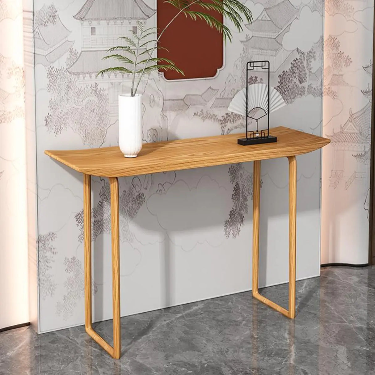 Minimalist Rectangular Oak Wood Sled Base Console Table Image - 6