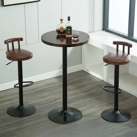 Minimalist Small Round Pedestal Pine Wood Brown Bar Table Image - 1