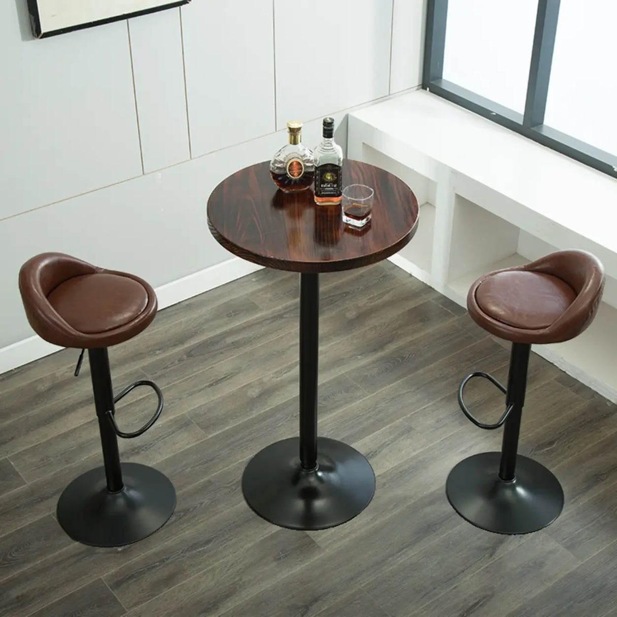 Minimalist Small Round Pedestal Pine Wood Brown Bar Table Image - 4