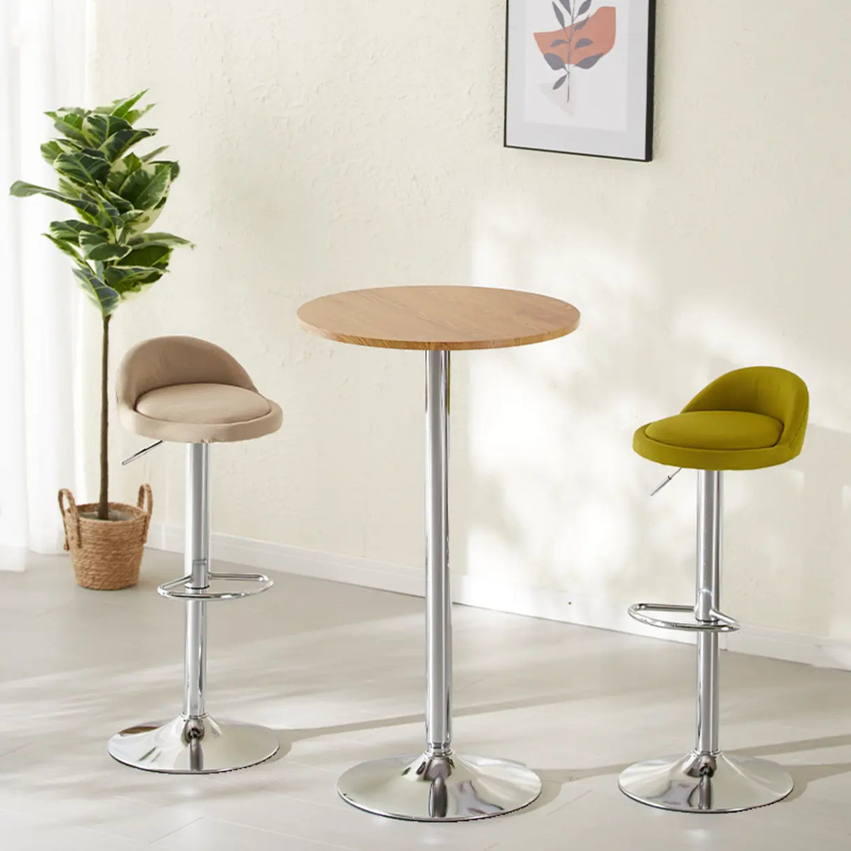 Minimalist Small Round Pedestal Pine Wood Brown Bar Table Image - 6