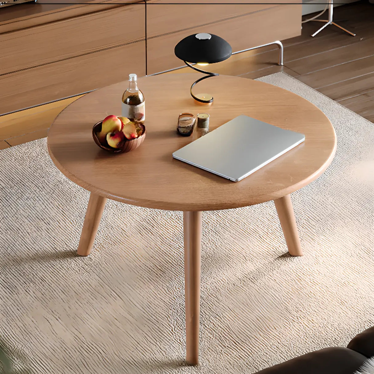 Minimalist Small Round Wood Three Leg Coffee Table Image - 3