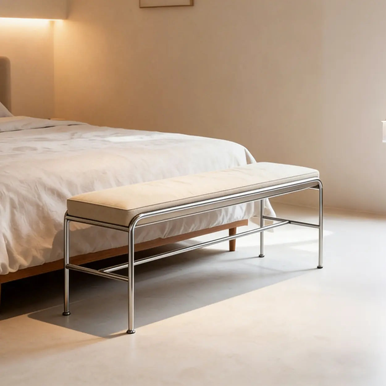 Minimalist Steel Frame Leather Entryway Bedroom Bench Image - 1