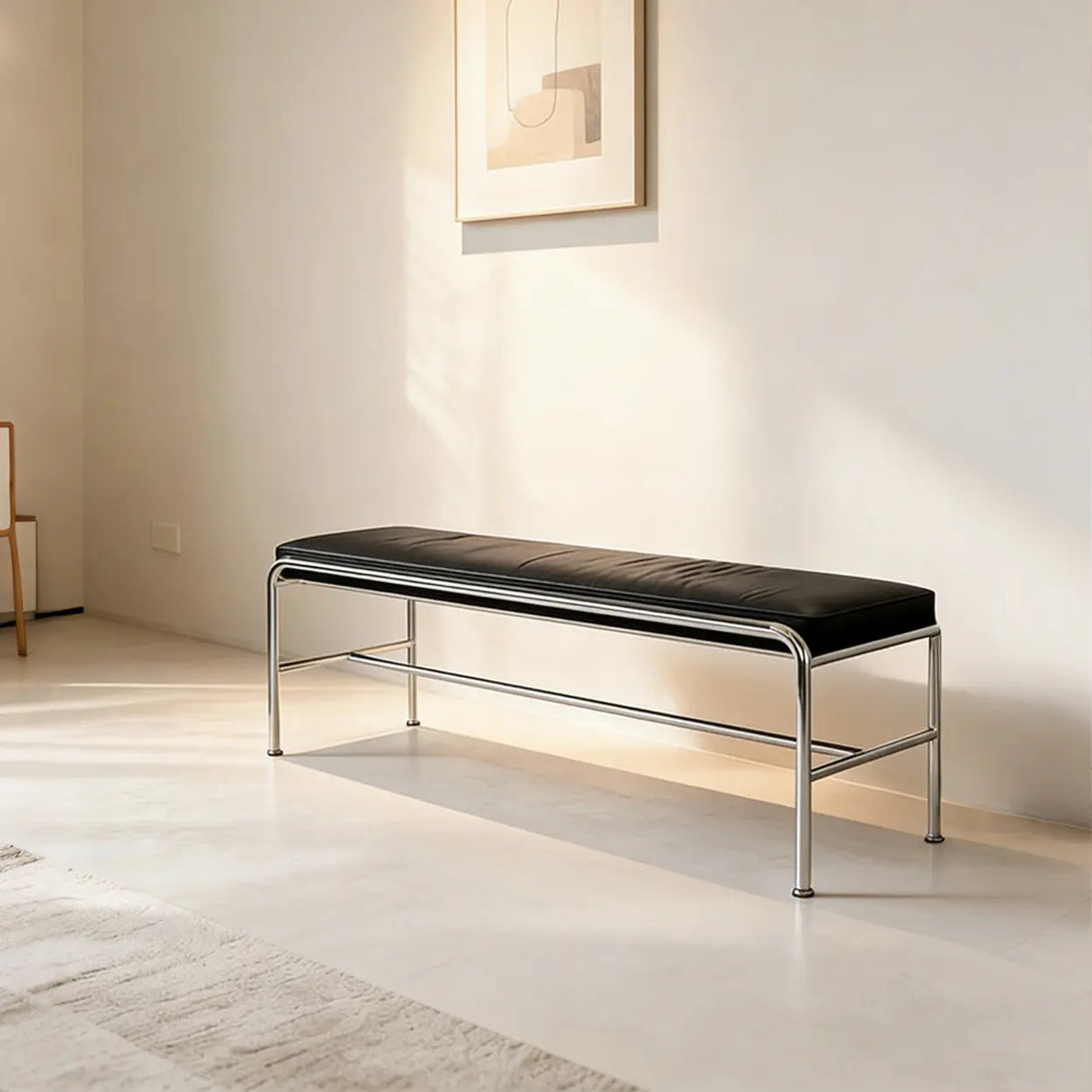 Minimalist Steel Frame Leather Entryway Bedroom Bench Image - 5