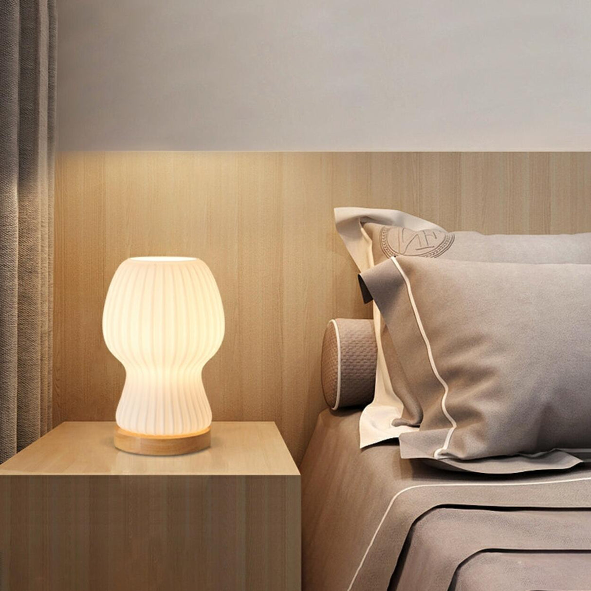 Minimalist Streamlined Wooden Base Bedside Table Lamp Image - 4