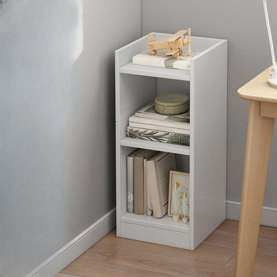 White narrow vertical corner bookcase for bedrooms offices and small spaces