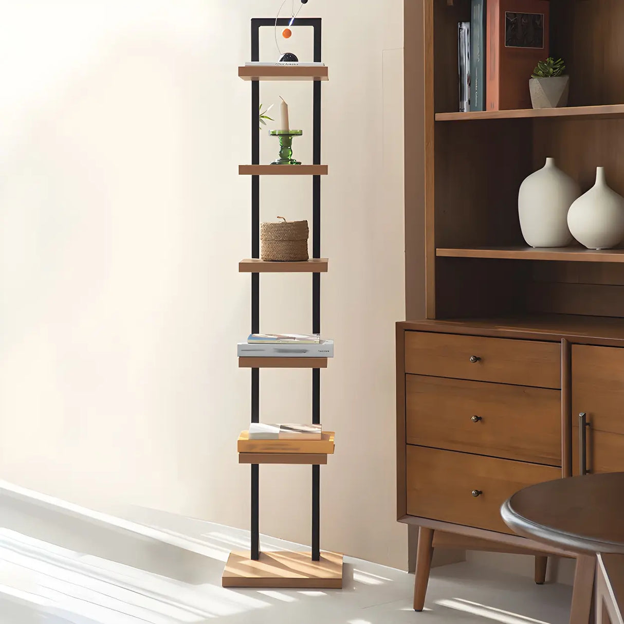 Minimalist Vertical Square Wood Tall Bookcase Brown Image - 4