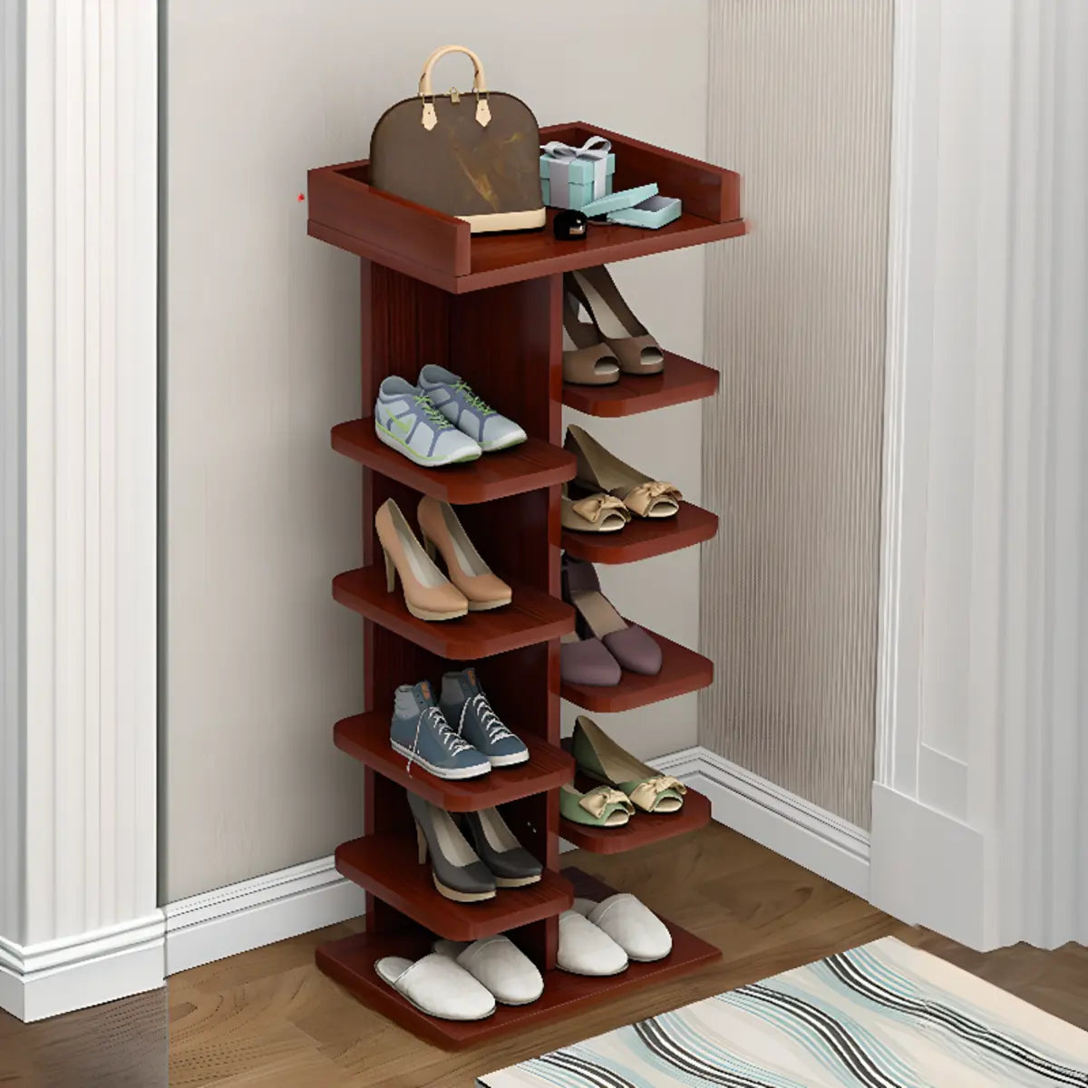 Minimalist Vertical Wooden White Entryway Shoe Rack Image - 11