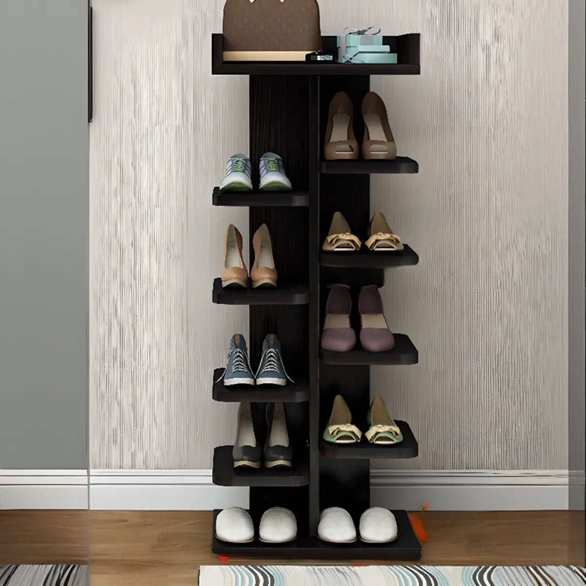 Minimalist Vertical Wooden White Entryway Shoe Rack Image - 13
