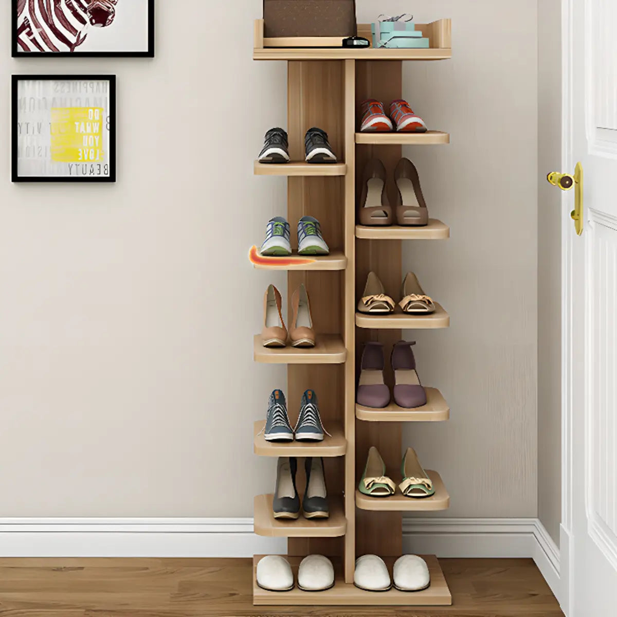 Minimalist Vertical Wooden White Entryway Shoe Rack Image - 14