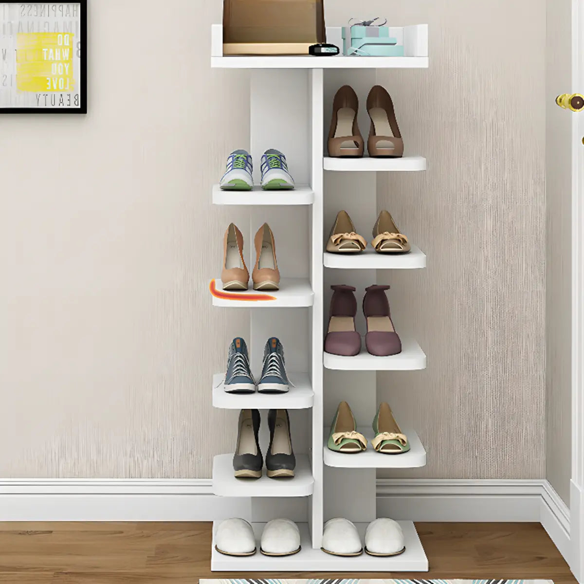 Minimalist Vertical Wooden White Entryway Shoe Rack Image - 15