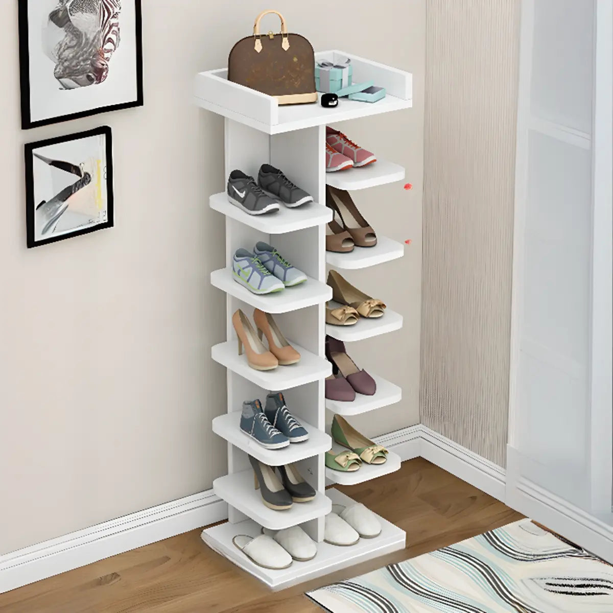 Minimalist Vertical Wooden White Entryway Shoe Rack Image - 16