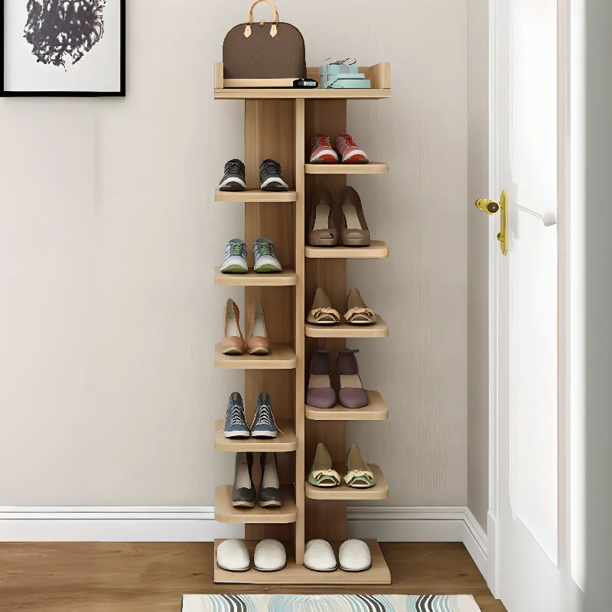 Minimalist Vertical Wooden White Entryway Shoe Rack Image - 17