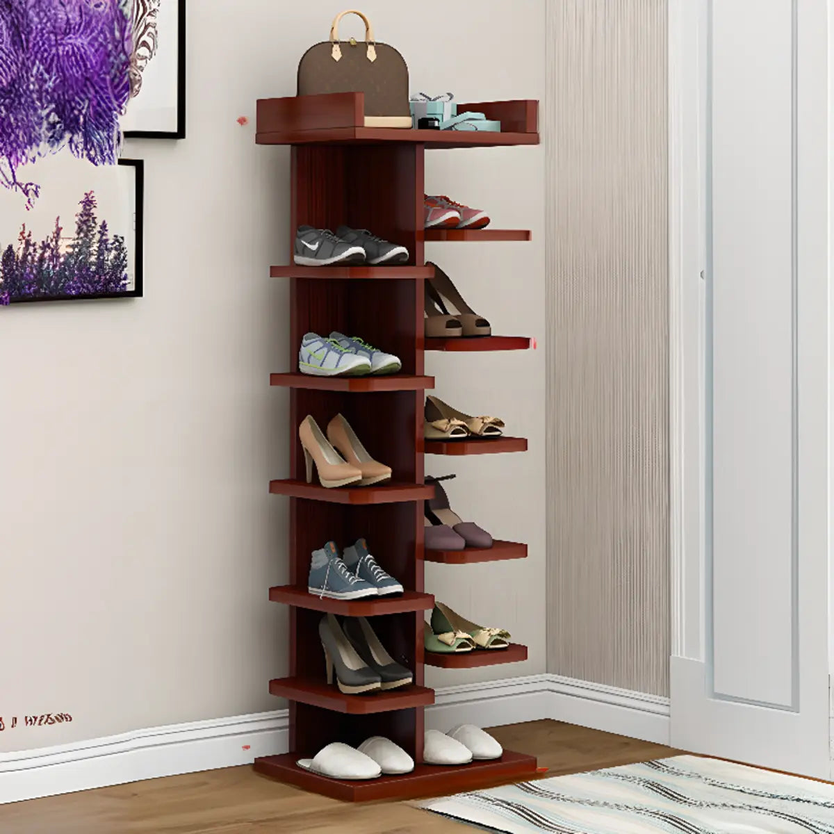 Minimalist Vertical Wooden White Entryway Shoe Rack Image - 18