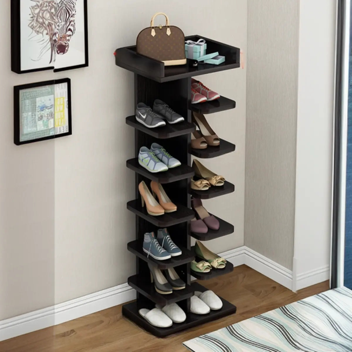 Minimalist Vertical Wooden White Entryway Shoe Rack Image - 19