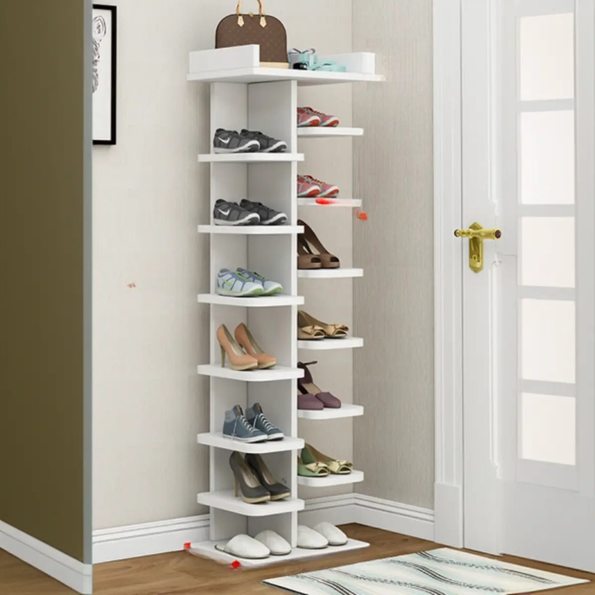Minimalist Vertical Wooden White Entryway Shoe Rack Image - 20