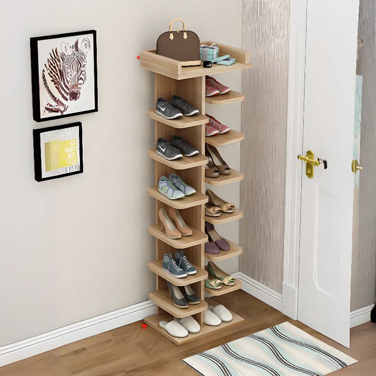 Minimalist Vertical Wooden White Entryway Shoe Rack Image - 21