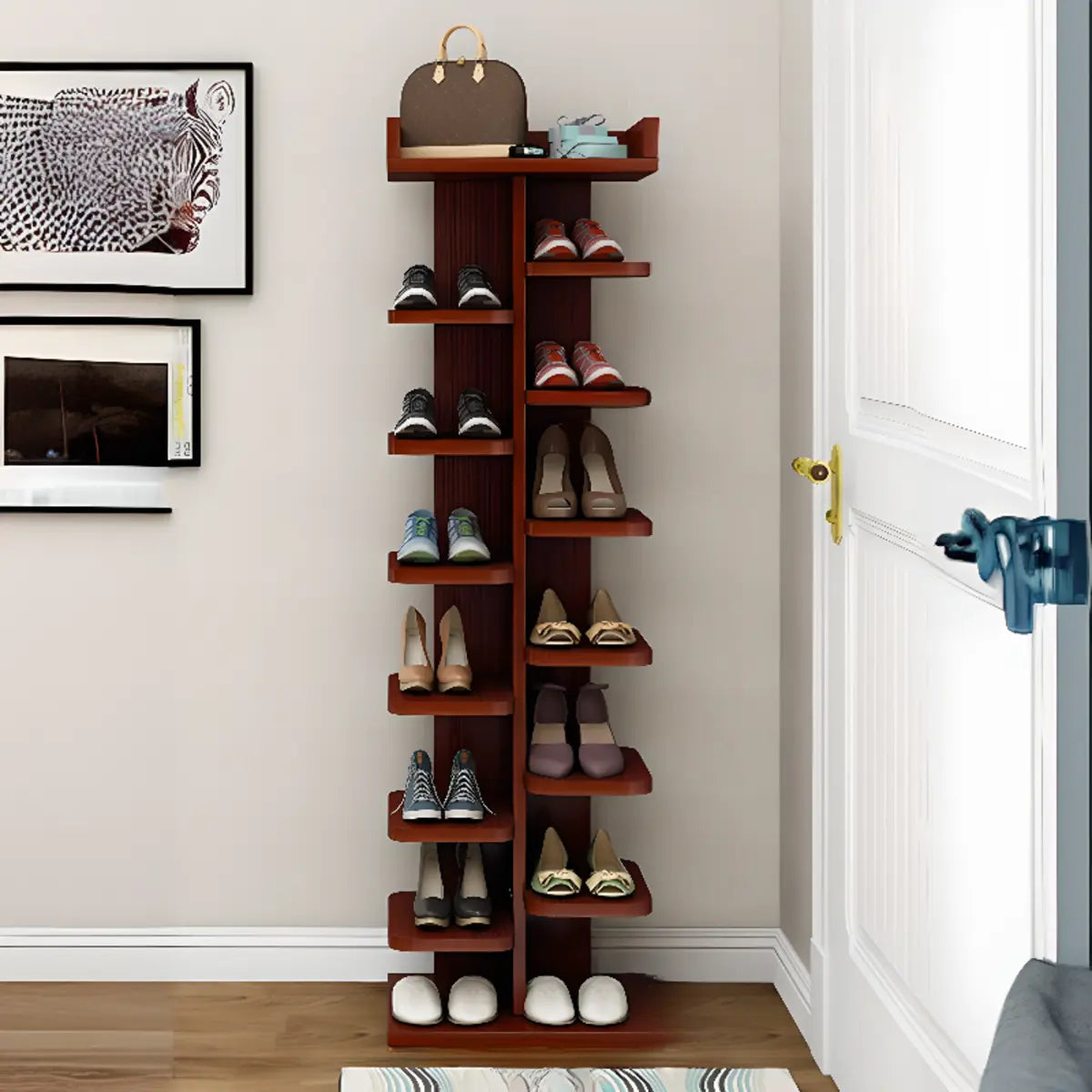 Minimalist Vertical Wooden White Entryway Shoe Rack Image - 22