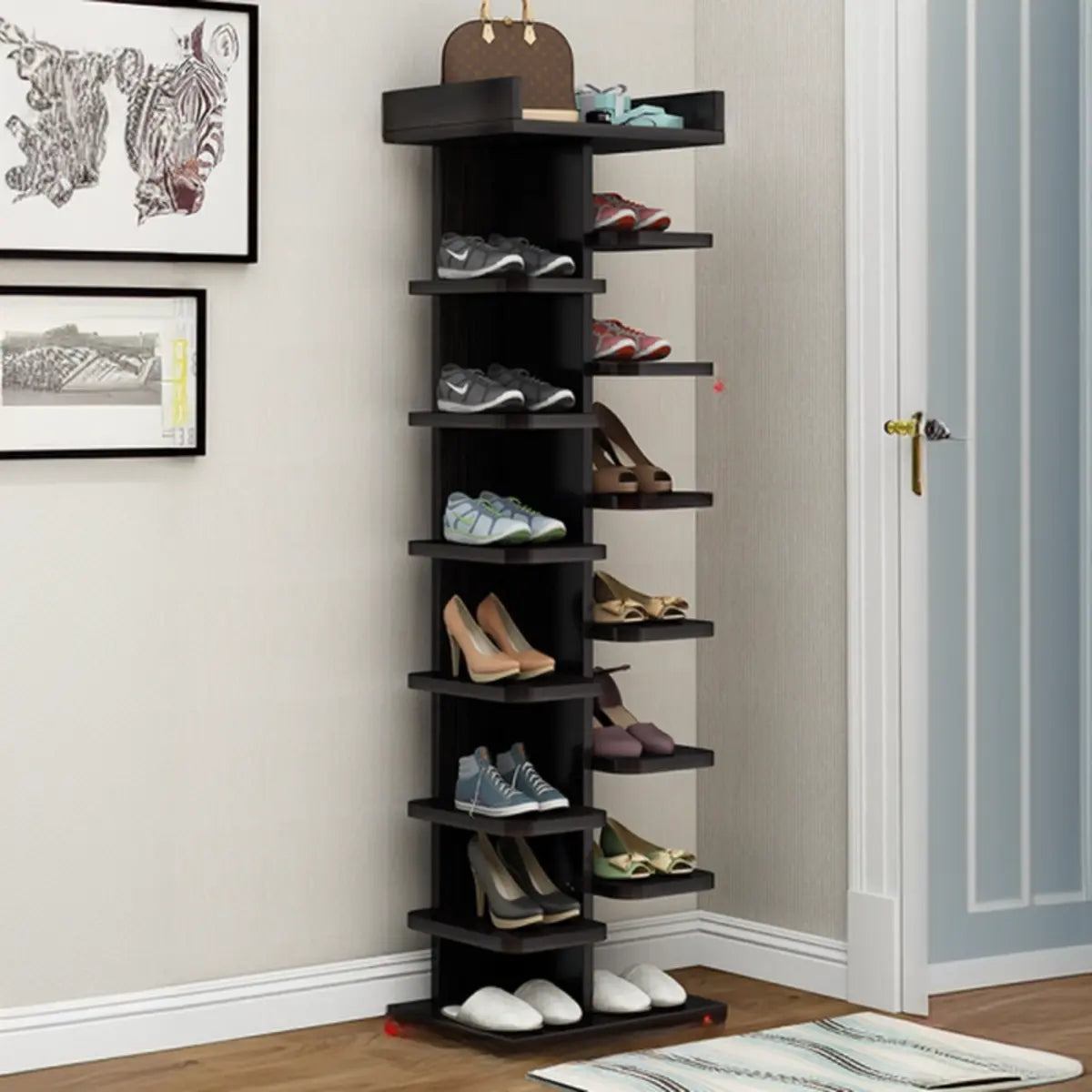 Minimalist Vertical Wooden White Entryway Shoe Rack Image - 23