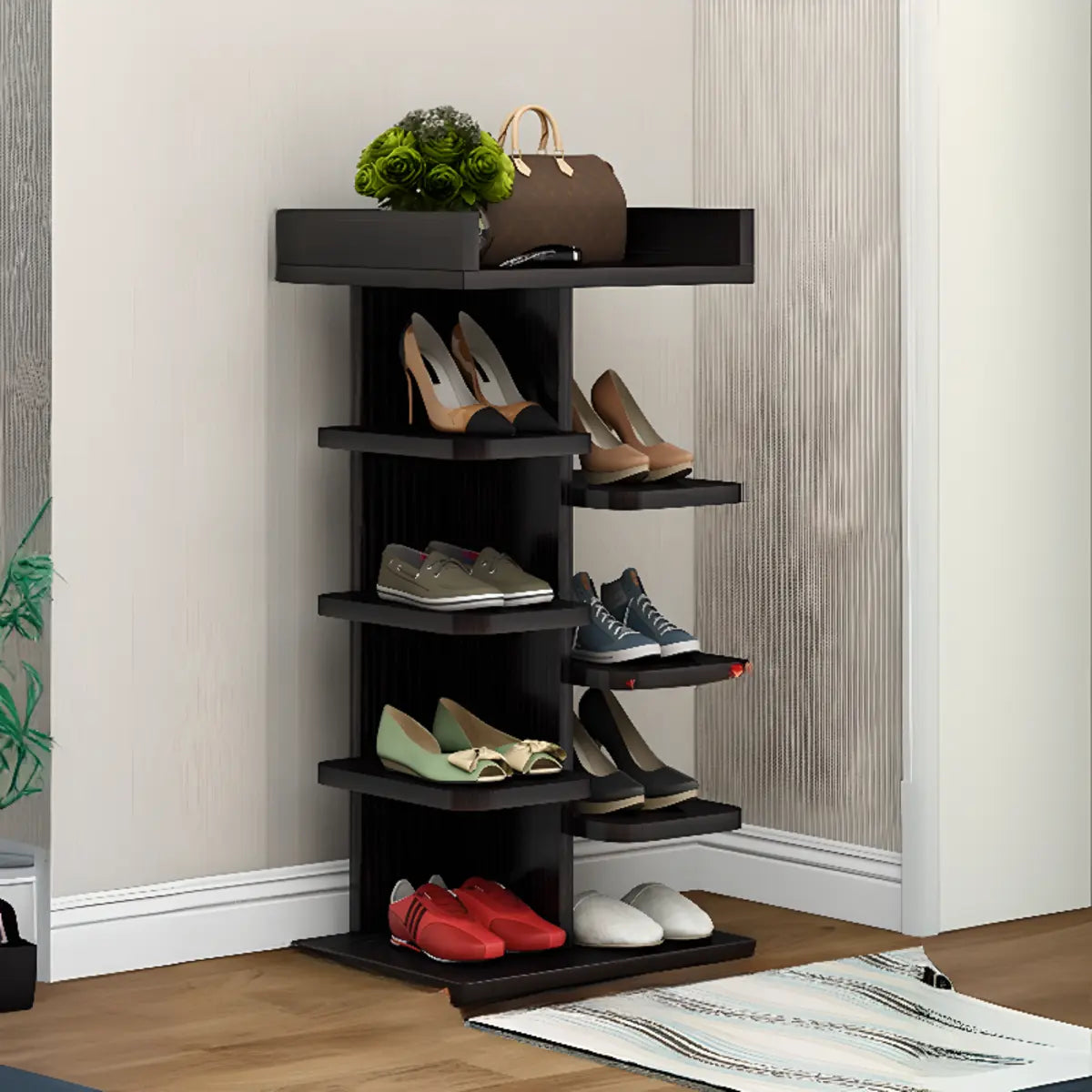 Minimalist Vertical Wooden White Entryway Shoe Rack Image - 5