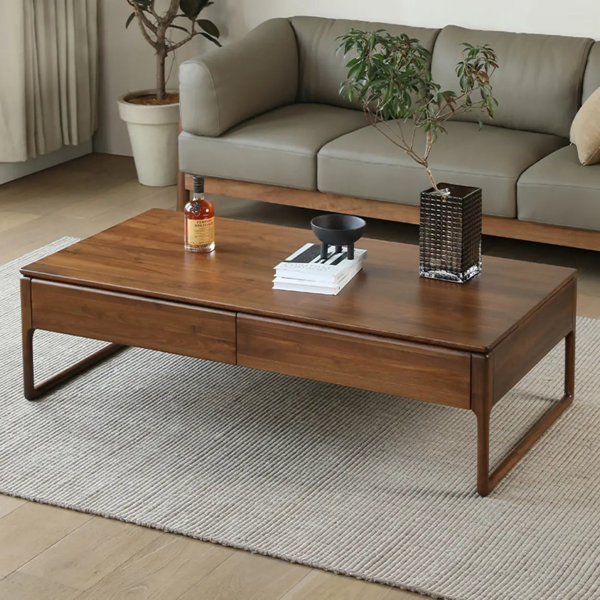Minimalist Walnut Solid Wood Coffee Table with Drawers Image - 2