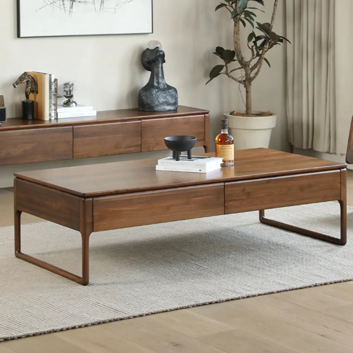 Minimalist Walnut Solid Wood Coffee Table with Drawers Image - 3