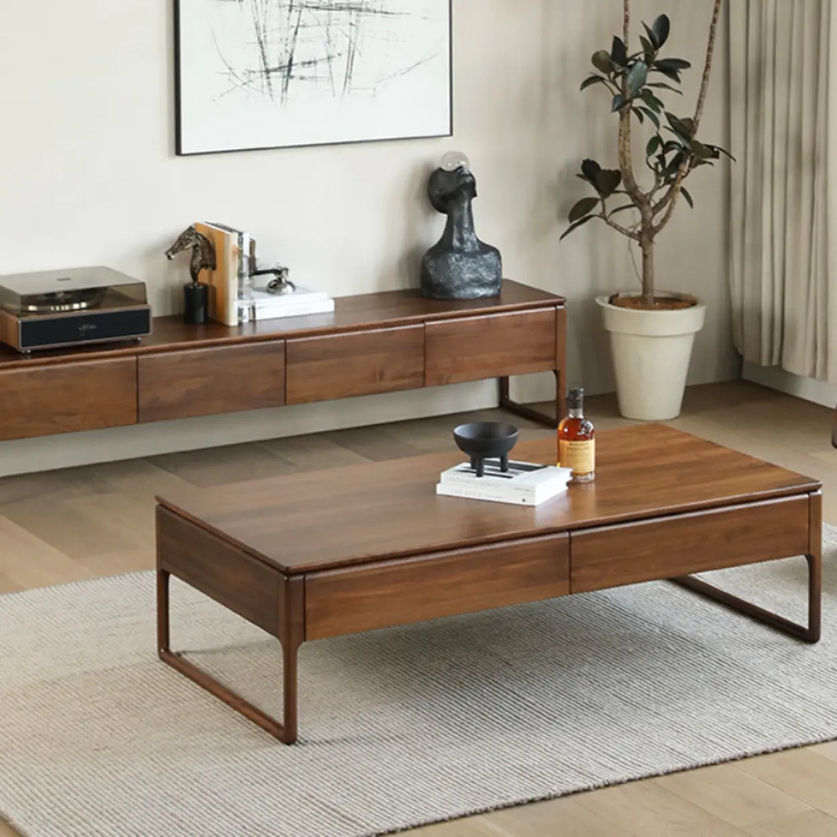Minimalist Walnut Solid Wood Coffee Table with Drawers Image - 4