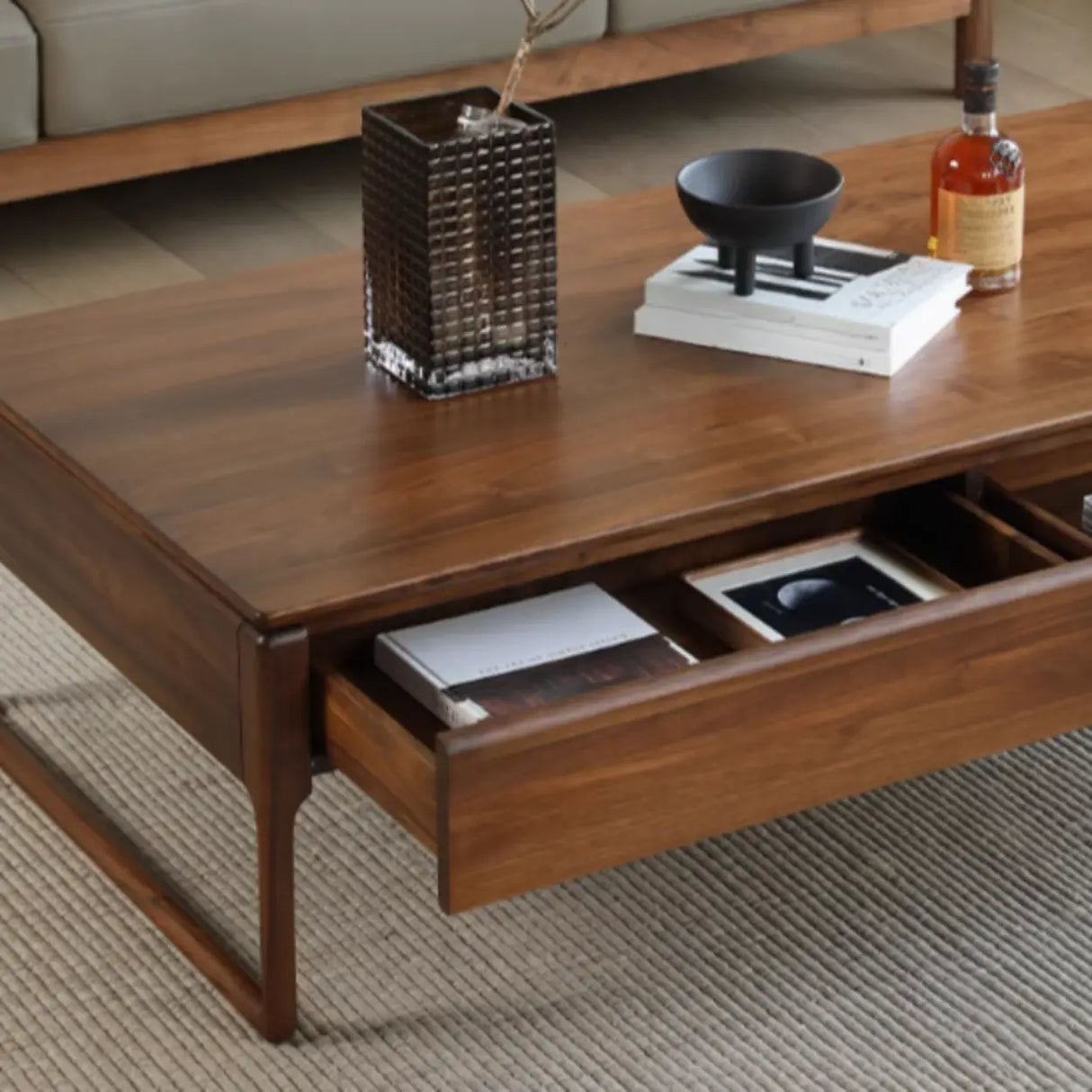 Minimalist Walnut Solid Wood Coffee Table with Drawers Image - 5
