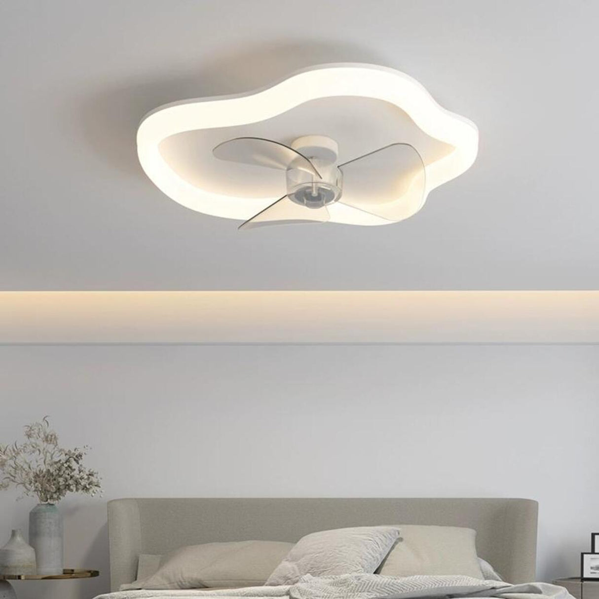 Minimalist White Round Flush Ceiling Fan with LED Light Image - 4