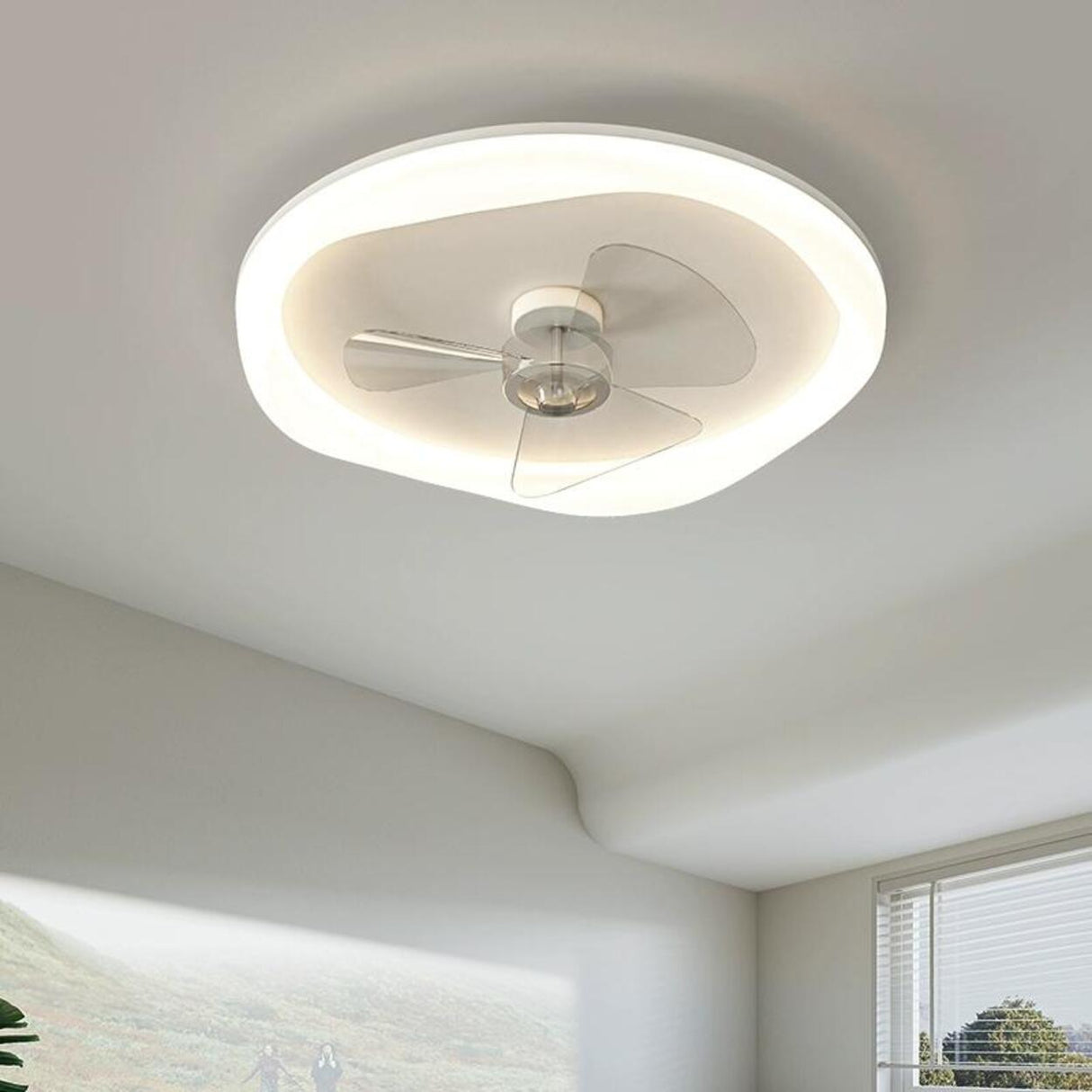 Minimalist White Round Flush Ceiling Fan with LED Light Image - 6
