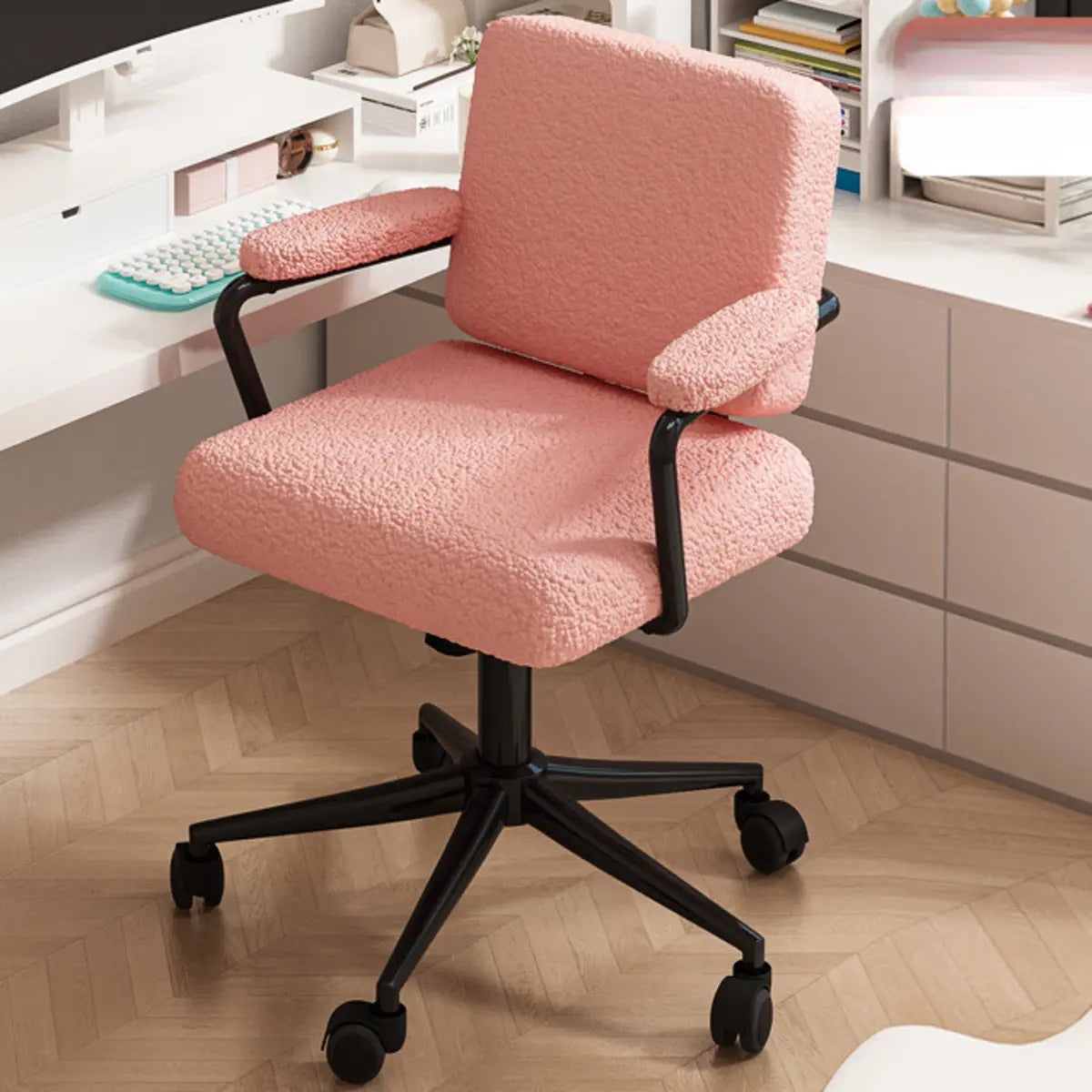 Minimalist White Swivel Fabric Office Chair with Wheels Image - 3