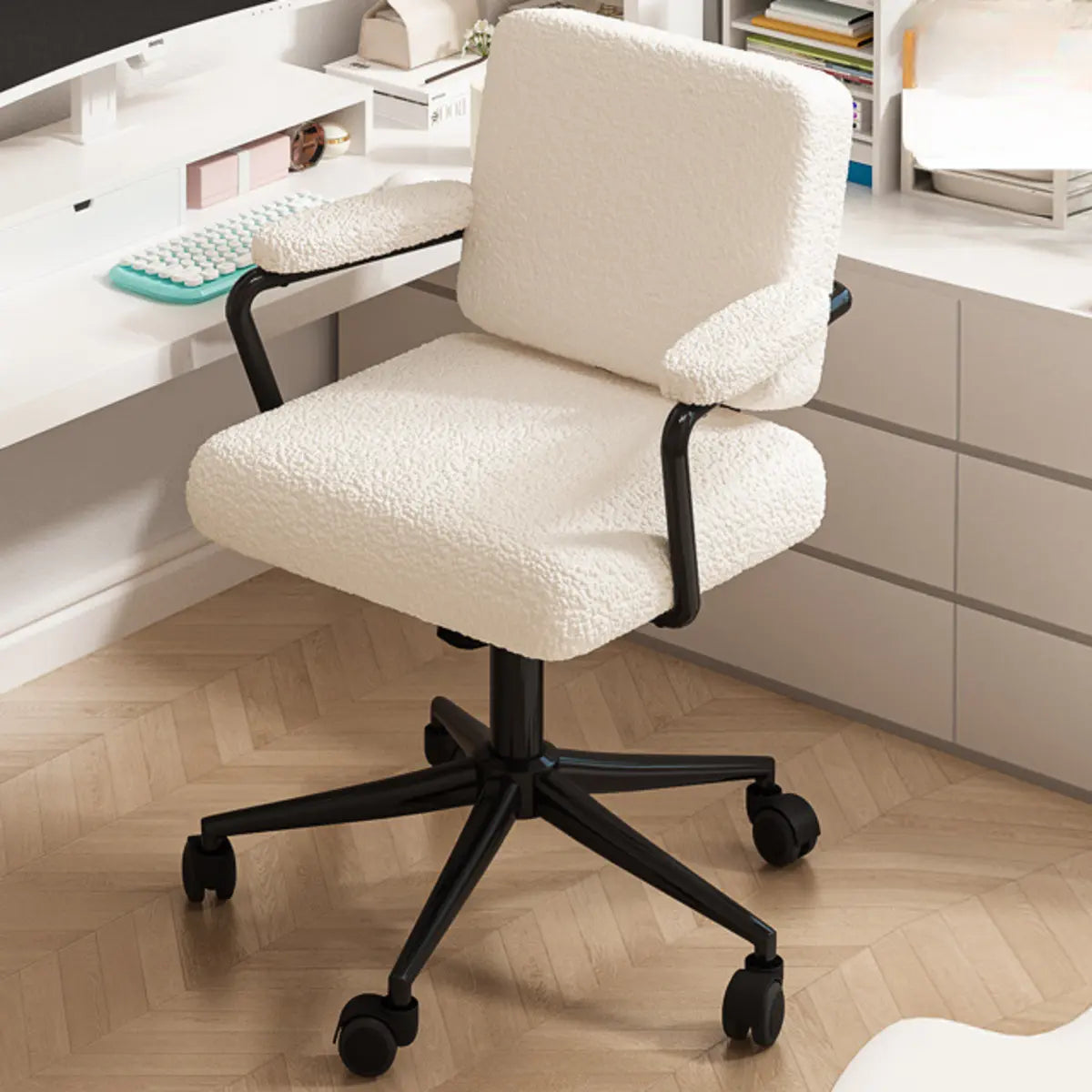 Minimalist White Swivel Fabric Office Chair with Wheels Image - 4