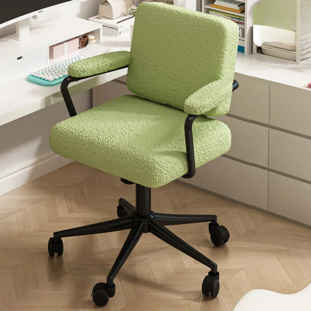 Minimalist White Swivel Fabric Office Chair with Wheels Image - 5