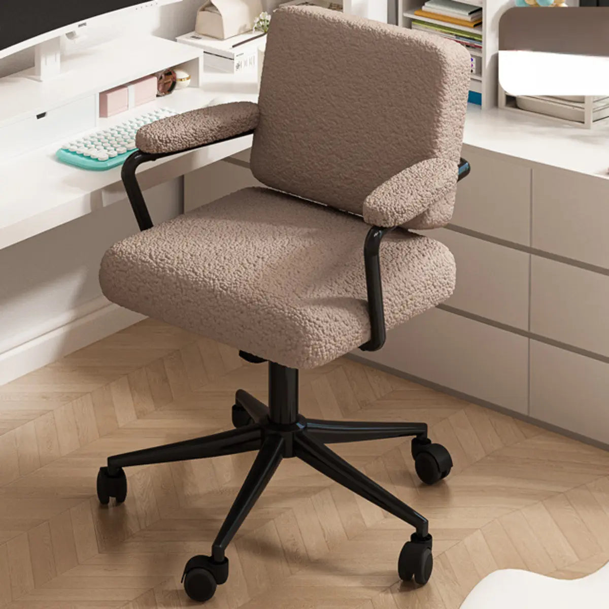 Minimalist White Swivel Fabric Office Chair with Wheels Image - 9
