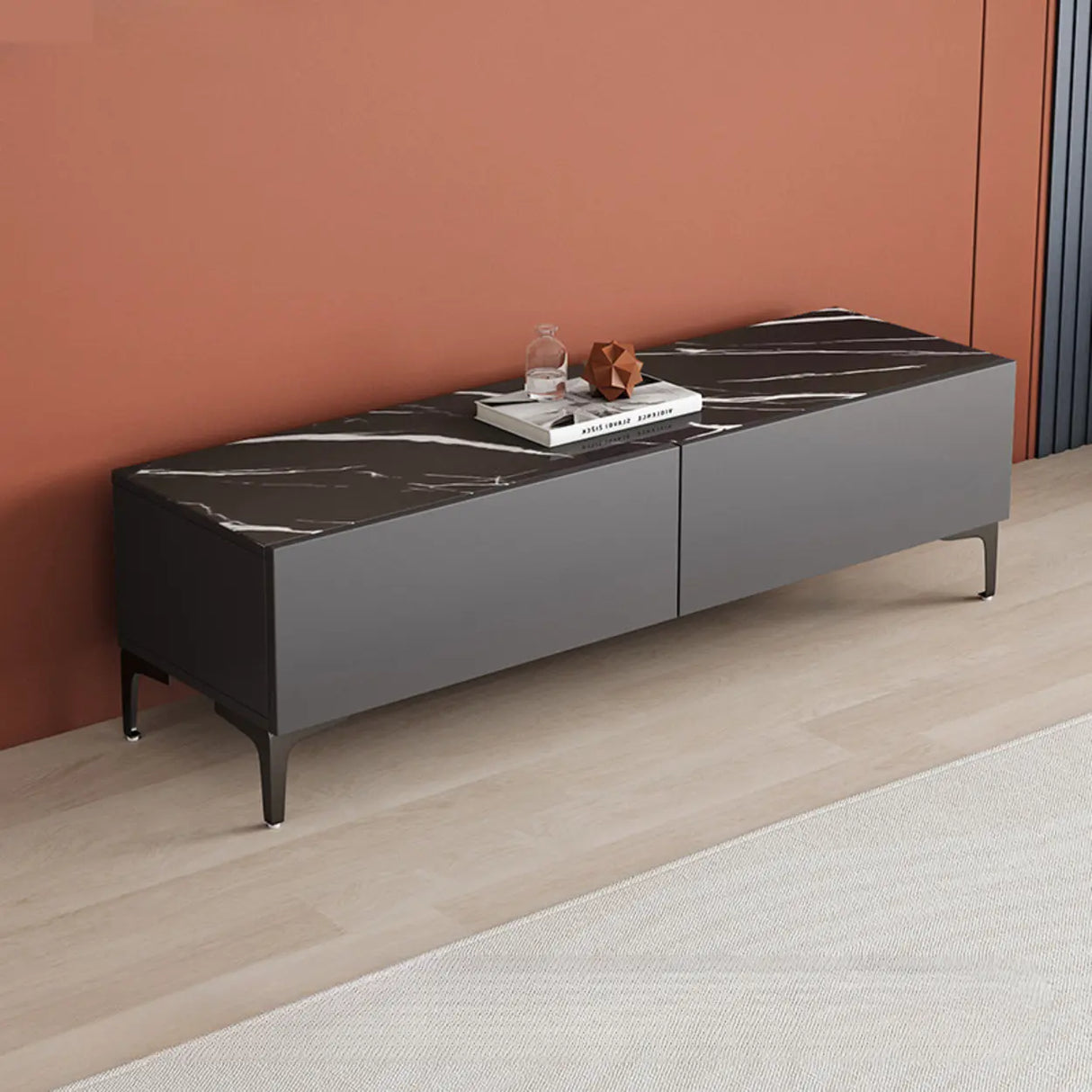 Minimalist White Wood Rectangular TV Stand with Cabinet Image - 13