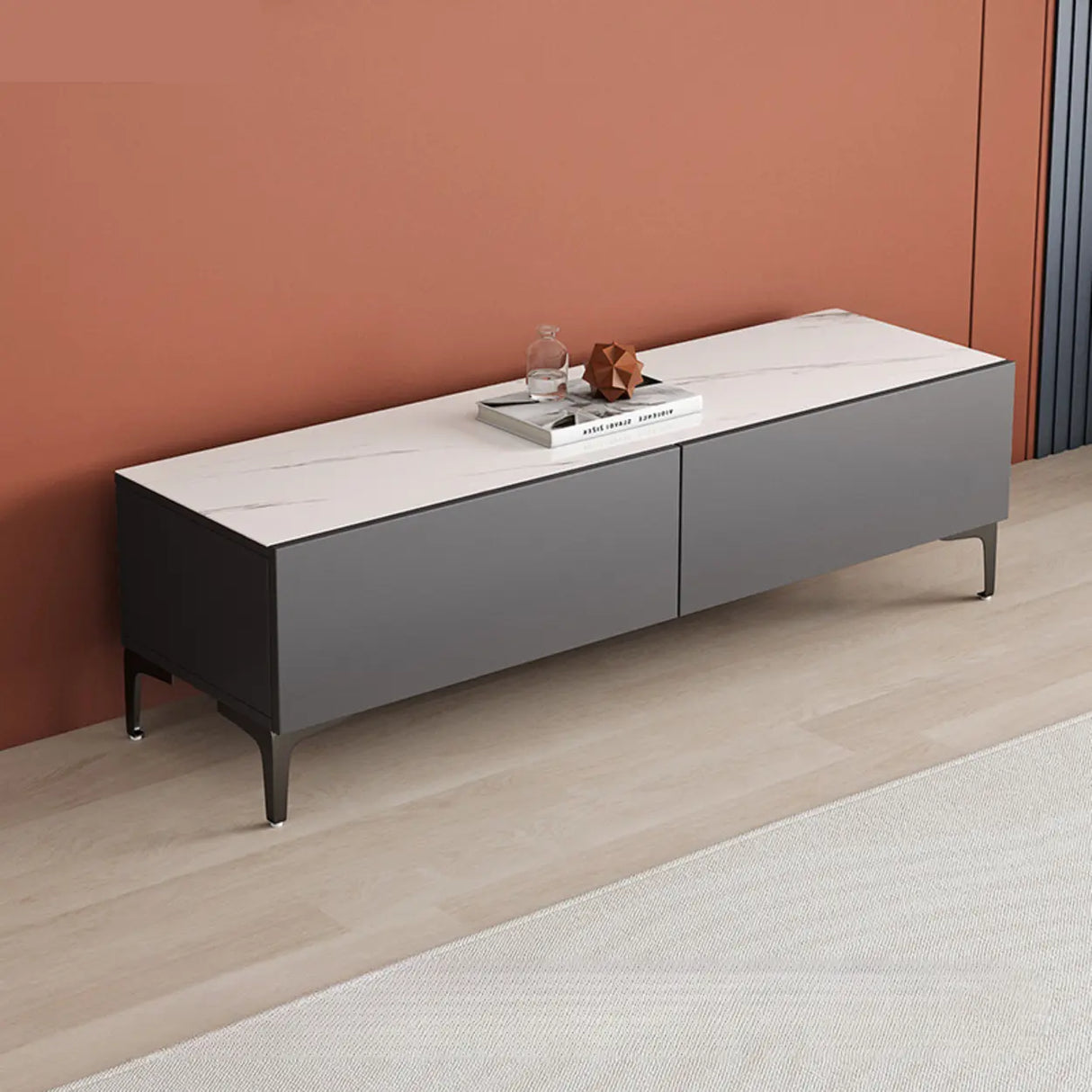 Minimalist White Wood Rectangular TV Stand with Cabinet Image - 15