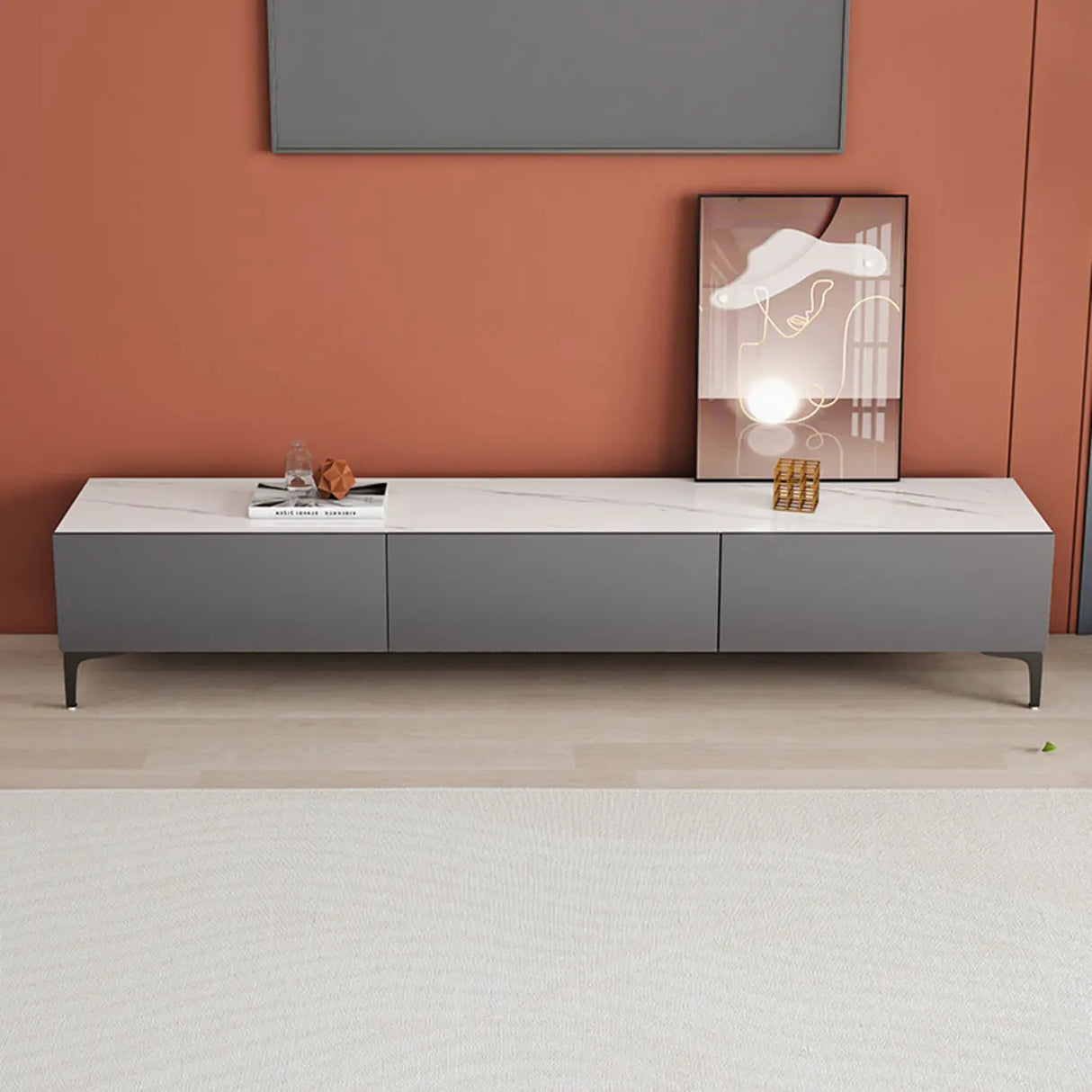 Minimalist White Wood Rectangular TV Stand with Cabinet Image - 1