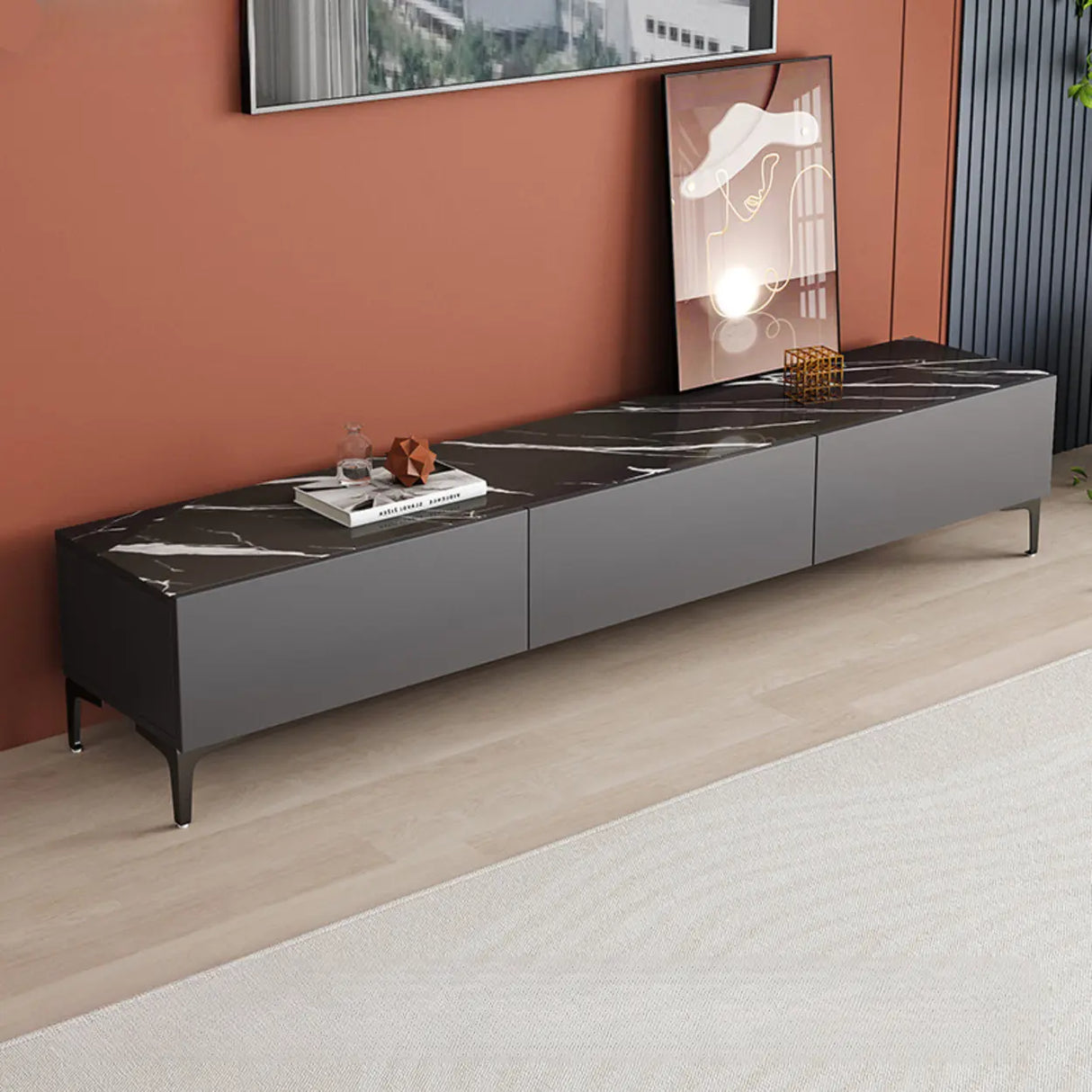 Minimalist White Wood Rectangular TV Stand with Cabinet Image - 8