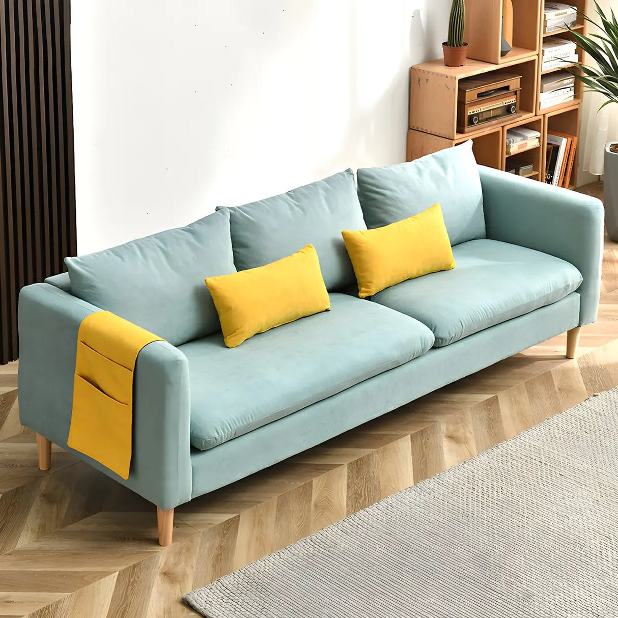 Mint Green Faux Cashmere Pillow Back Storage Sofa Image - 2
