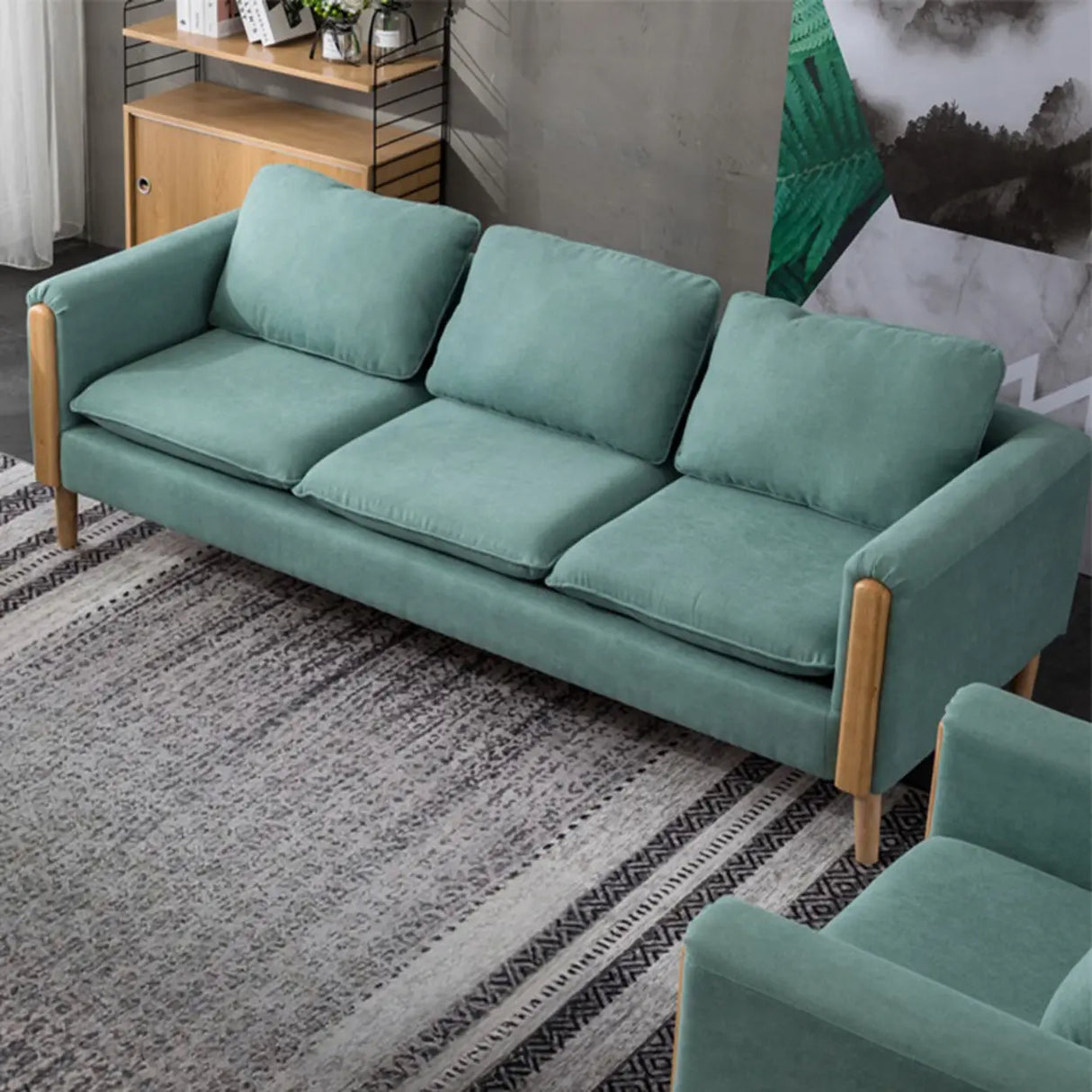 Mint Green Flannel Fabric Pillow Back Square Arm Sofa Image - 2