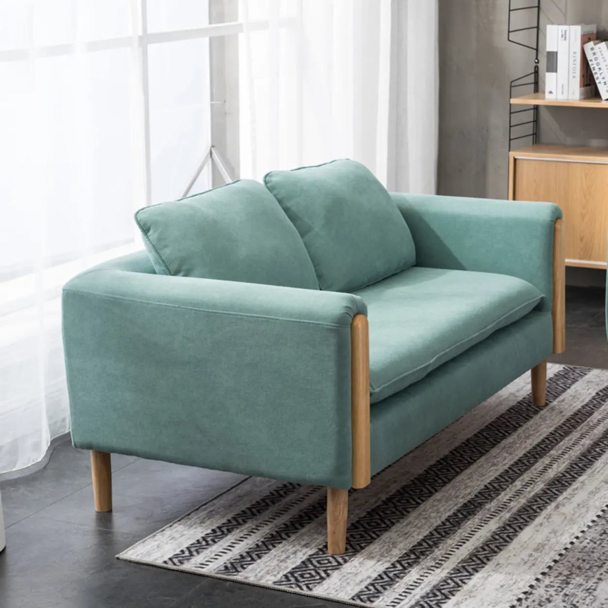 Mint Green Flannel Fabric Pillow Back Square Arm Sofa Image - 3