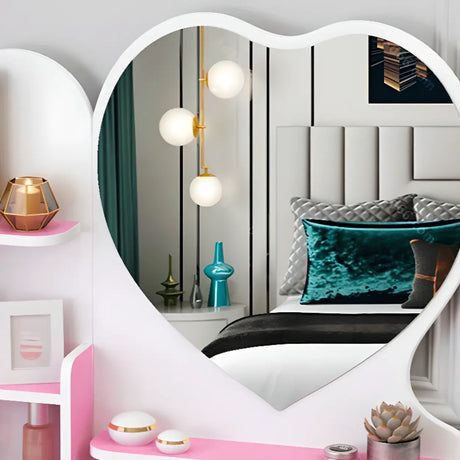 Mirrored Storage Wood Heart Kids Vanity Set with Stool Image - 1