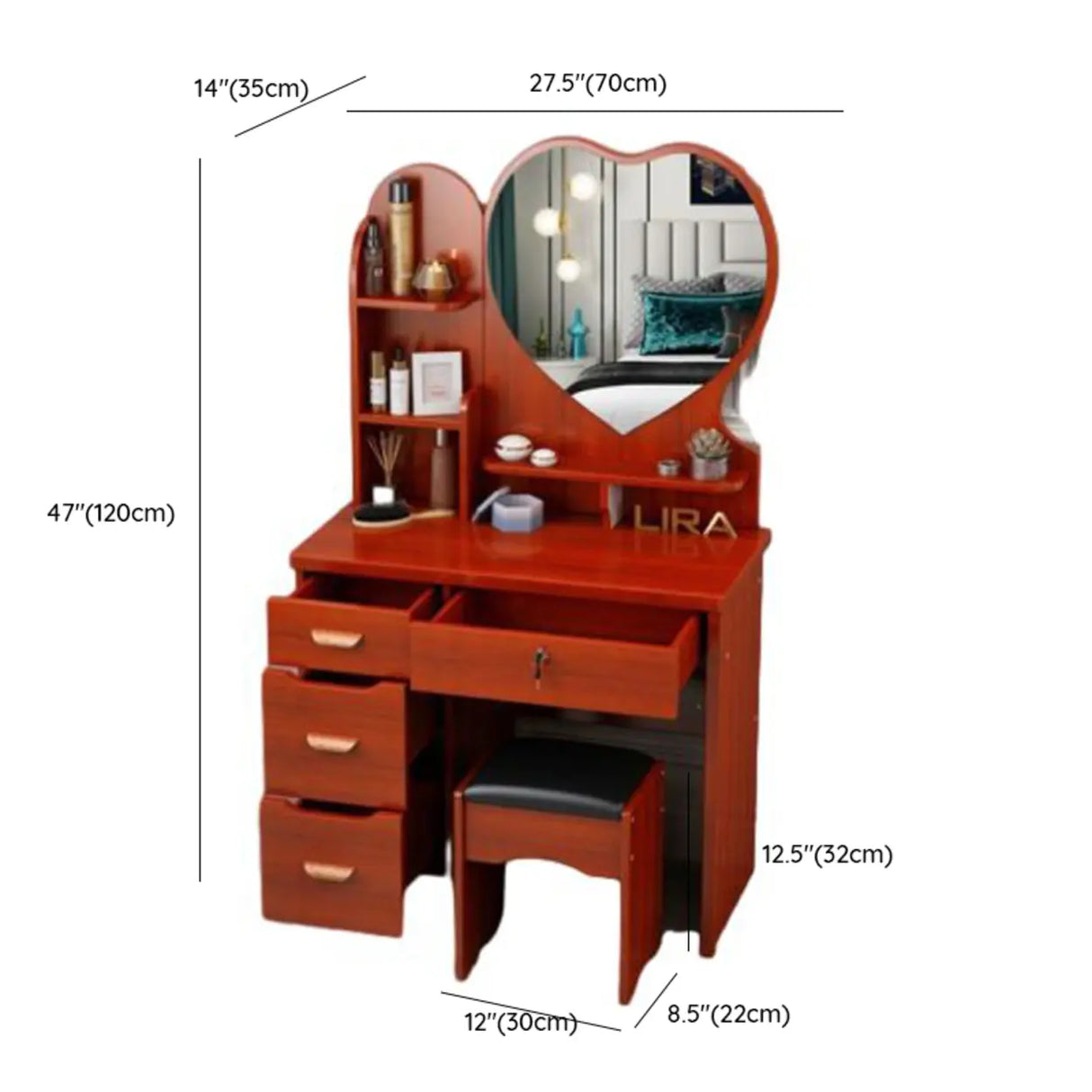 Mirrored Storage Wood Heart Kids Vanity Set with Stool Image - 10